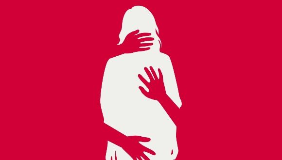 Siluhette of a woman against red background, with hands grabbing her and also covering her mouth