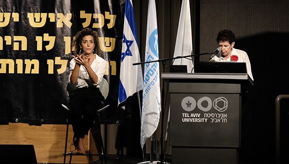Professor Dina Porat and Iris Ben-Moshe, Sign language interpreter